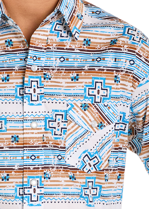 Child wearing a patterned shirt and cowboy hat on a white background