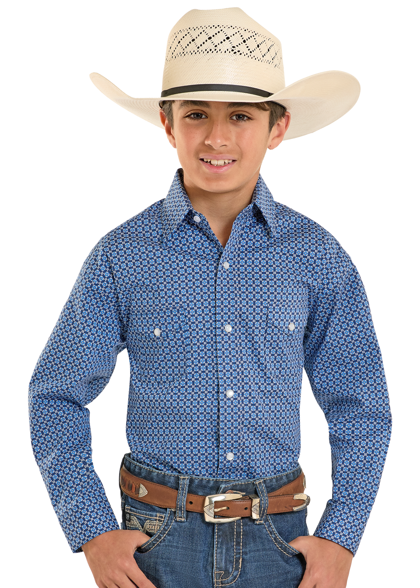 Child wearing a blue patterned shirt, jeans, and a cowboy hat on a white background