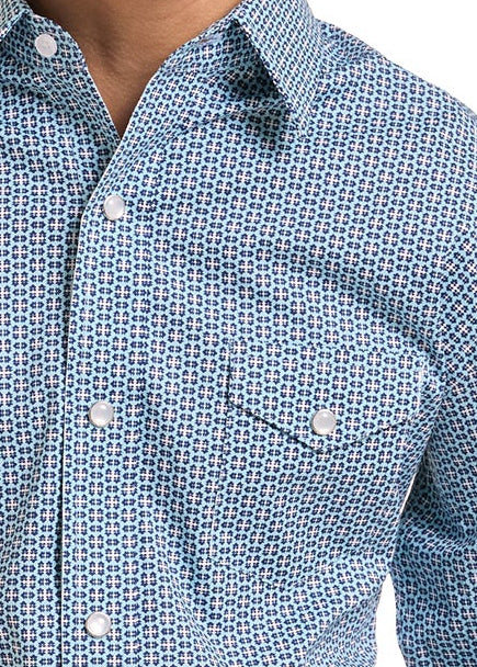 Boys  light blue patterned Western shirt close up of the collar and chest pocket.