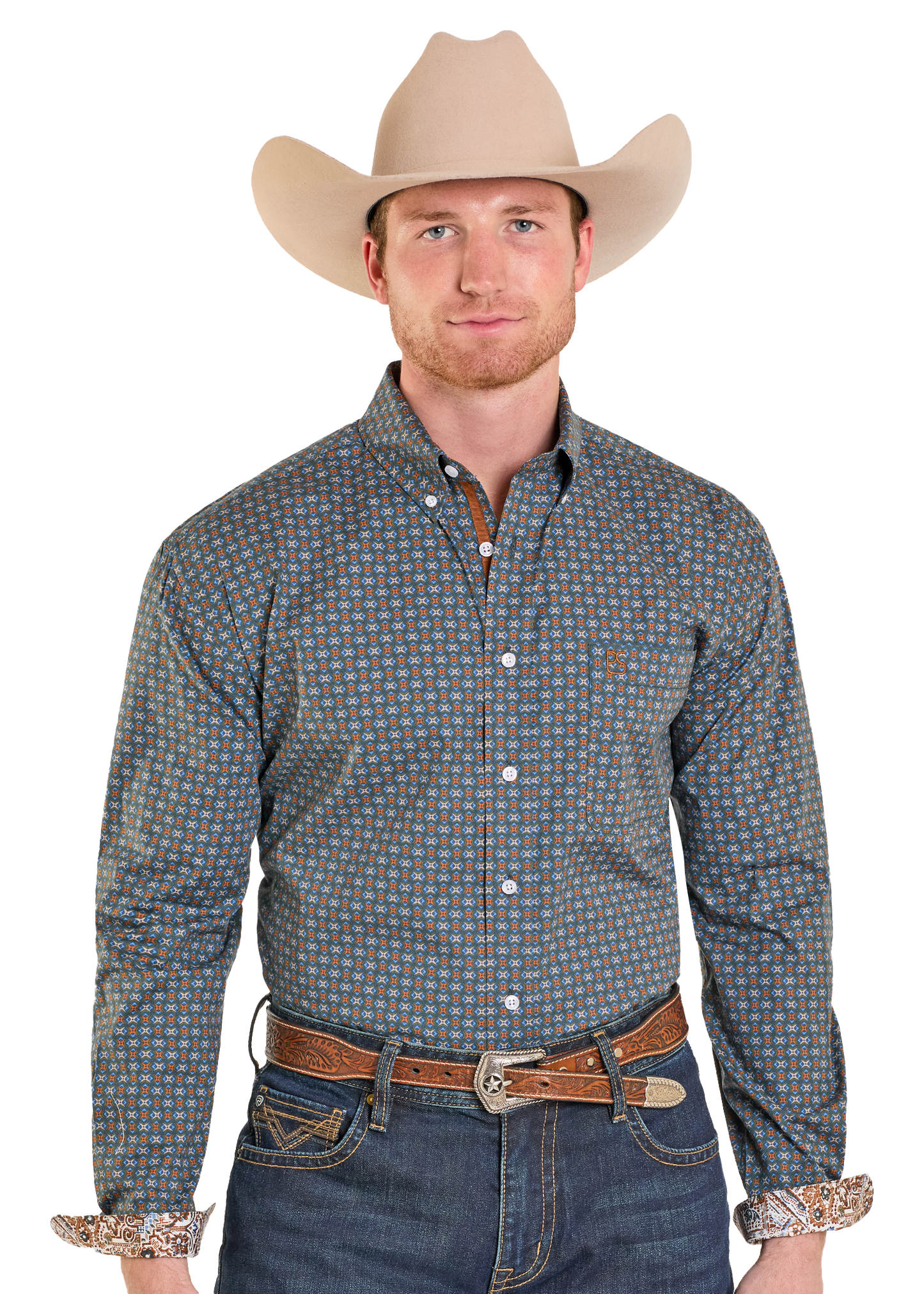 Man wearing a patterned button-up shirt, jeans, and a cowboy hat on a white background