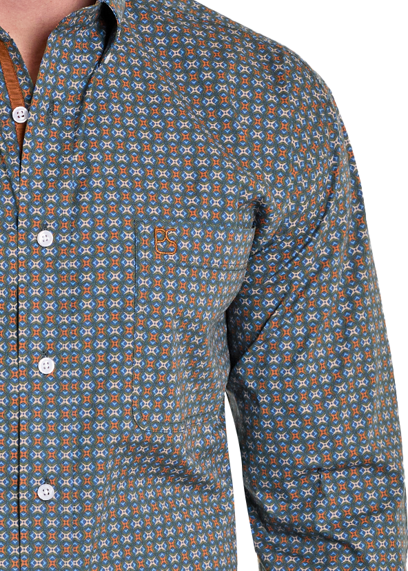 Man wearing a patterned button-up shirt, jeans, and a cowboy hat on a white background