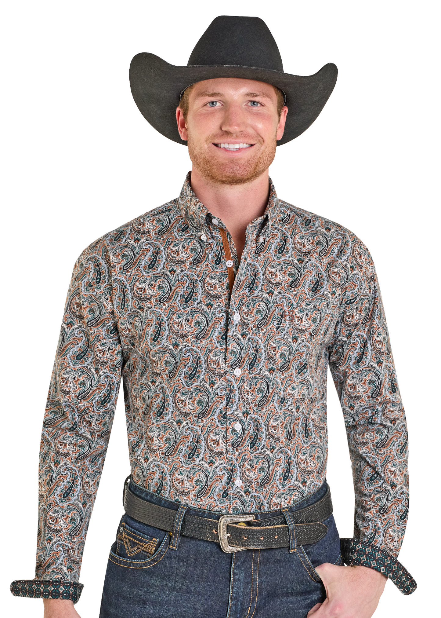 Man wearing a patterned long-sleeve shirt and cowboy hat on a white background
