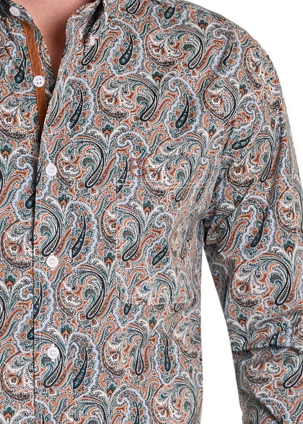 Close-up of a patterned shirt with a focus on the design.