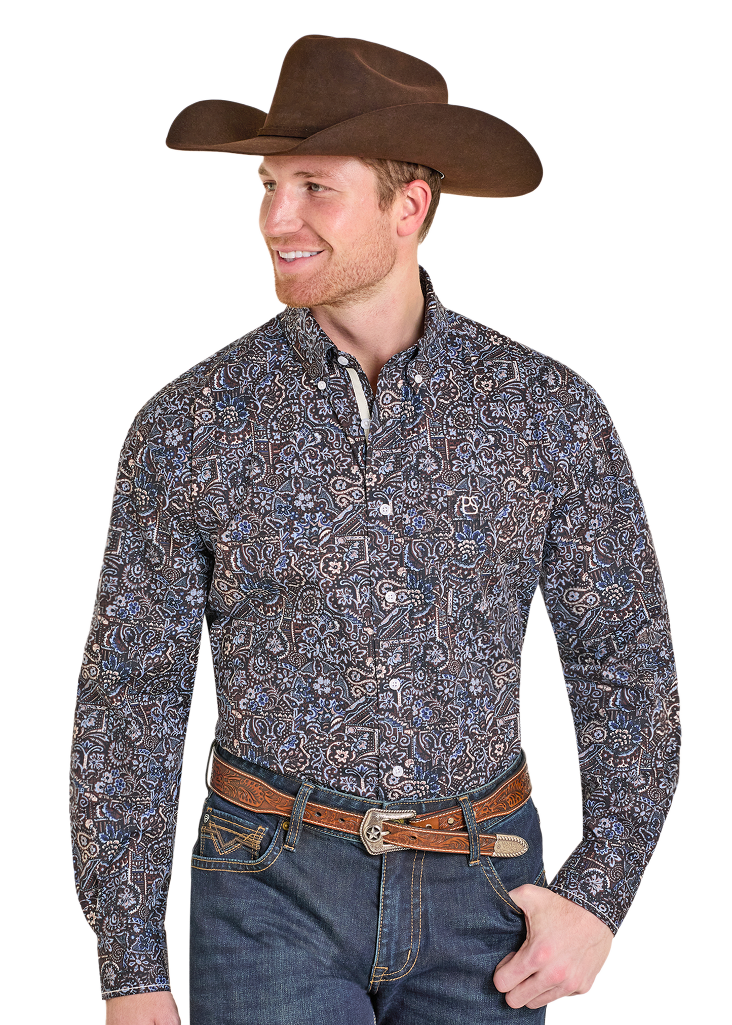Man wearing a patterned long-sleeve shirt, jeans, and a brown cowboy hat on a white background