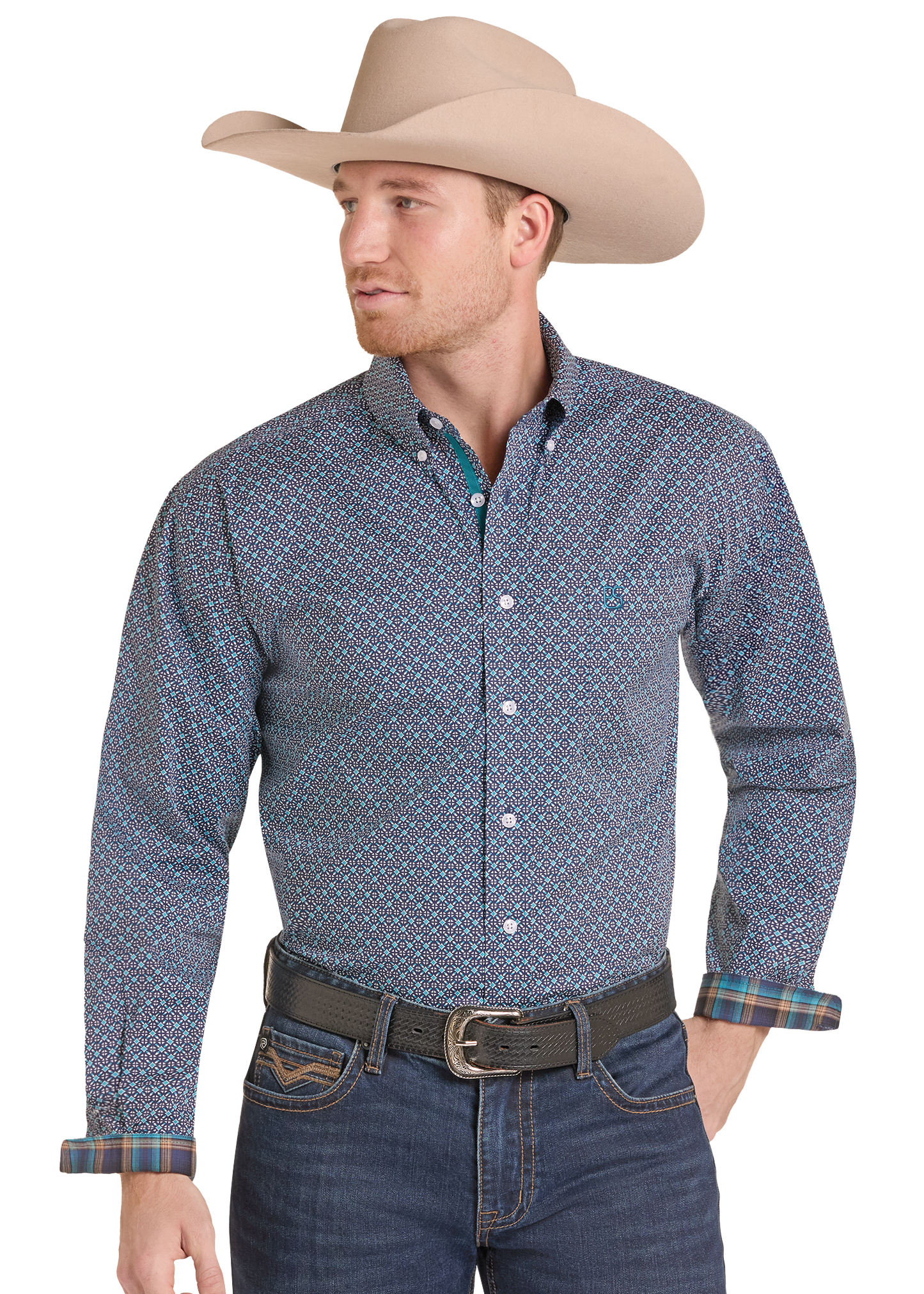 A man wearing a beige cowboy hat, a blue and white patterned western long-sleeve button-down shirt, and blue jean.