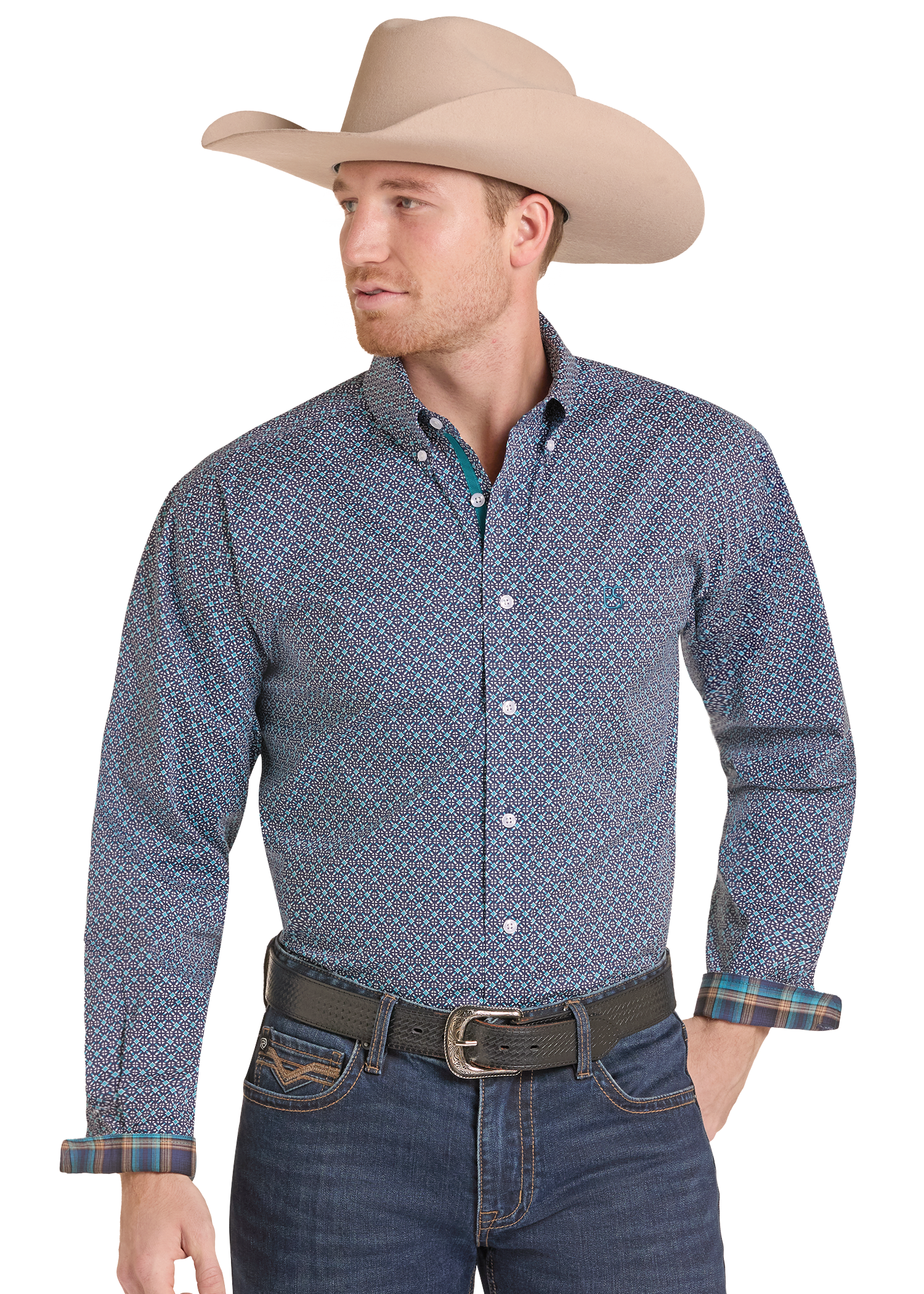 A man wearing a beige cowboy hat, a blue and white patterned western long-sleeve button-down shirt, and blue jean.