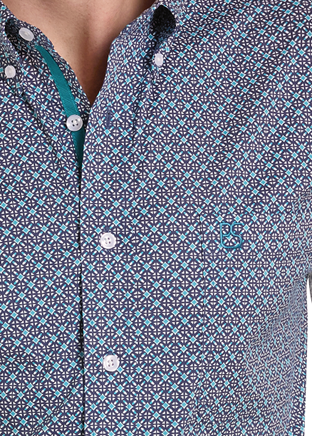 A blue and white patterned western long-sleeve button-down shirt with single pocket details.