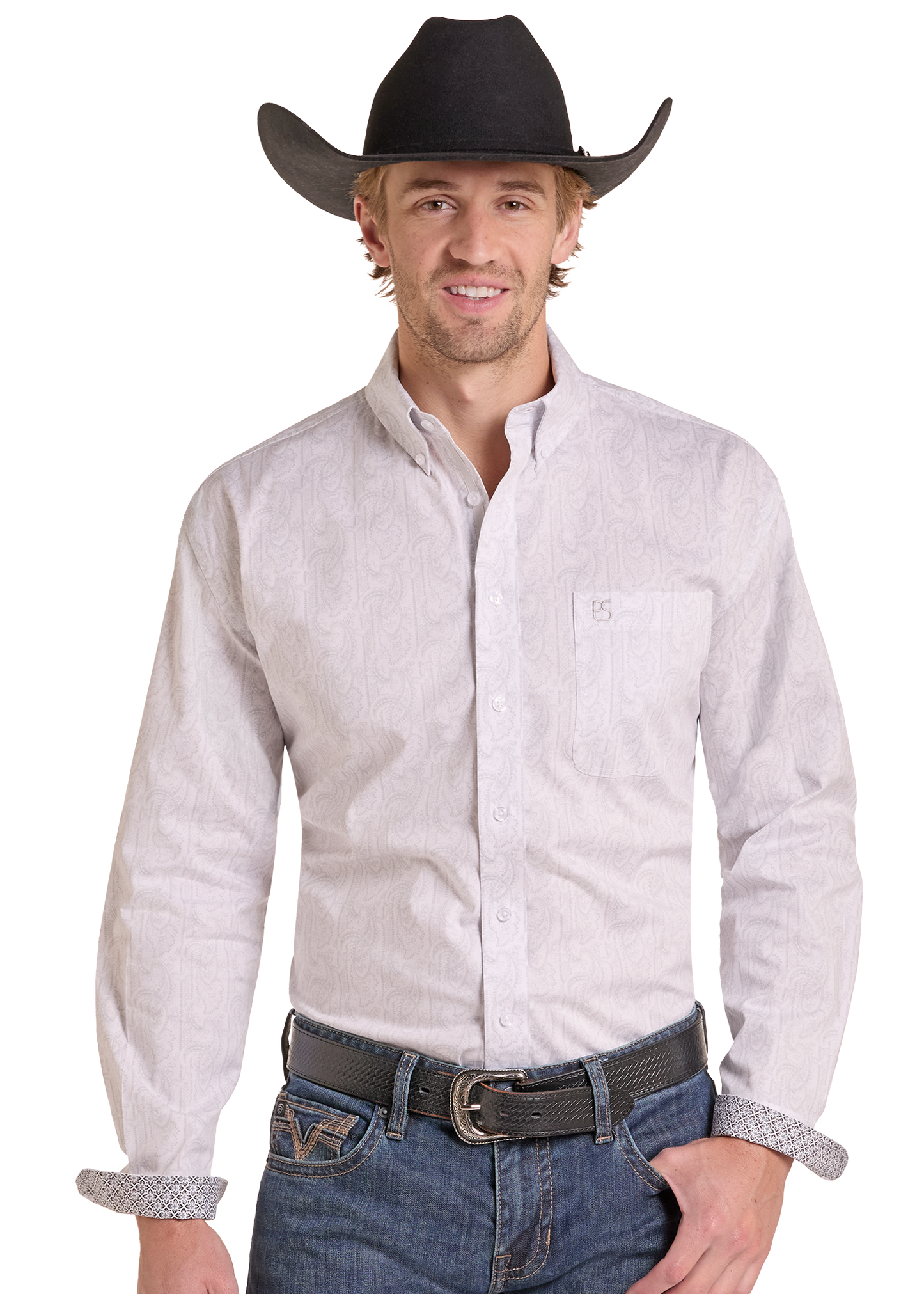 A man wearing a light gray long-sleeve western button-down shirt, blue jeans, a black belt, and a black cowboy hat.