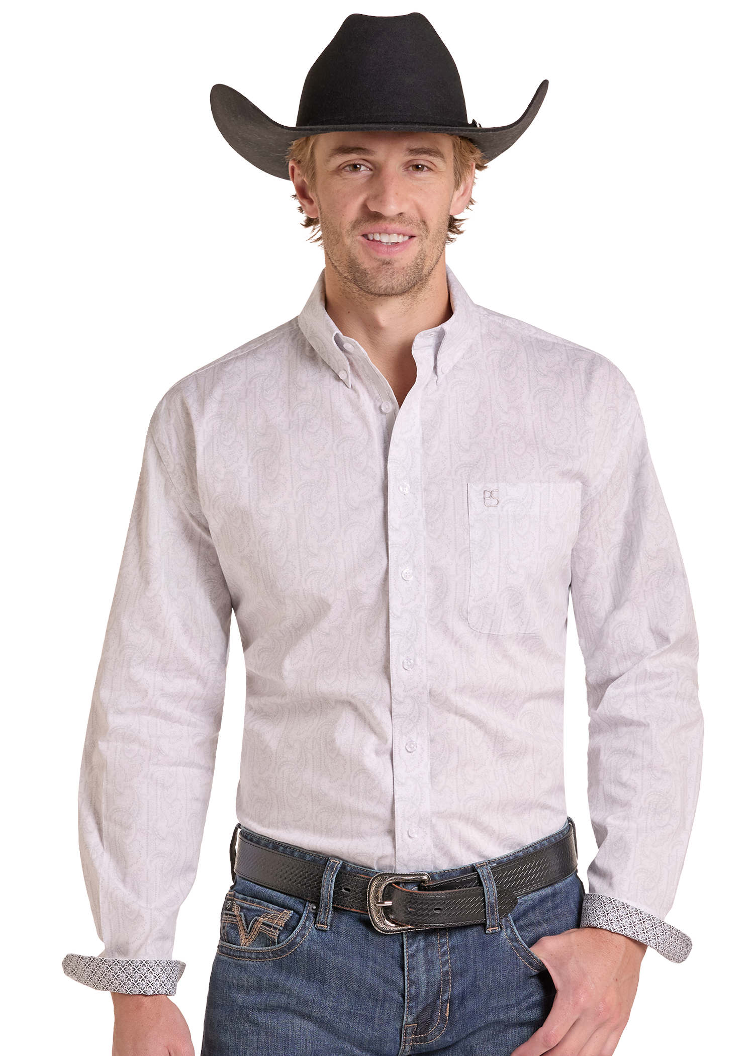 A man wearing a light gray long-sleeve western button-down shirt, blue jeans, a black belt, and a black cowboy hat.
