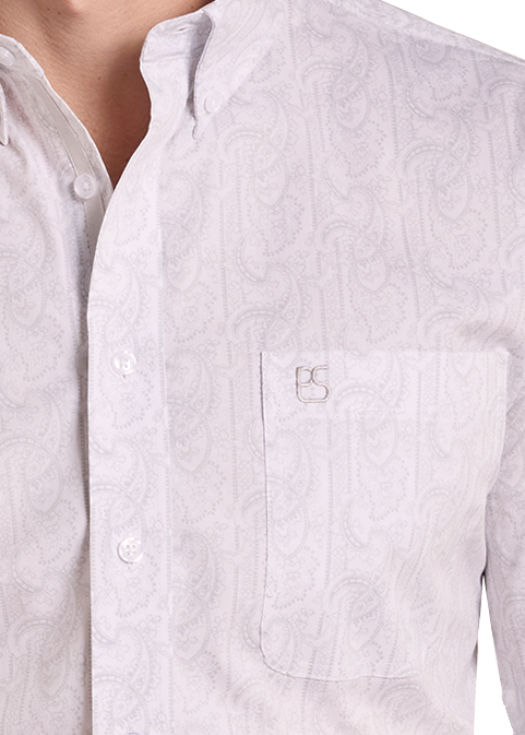 close up of  a light gray western button-down shirt