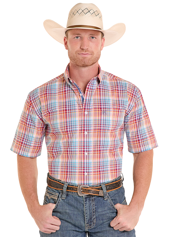 Man wearing a plaid shirt, jeans, and a cowboy hat on a white background