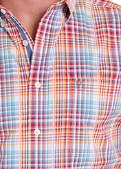 detail image of Man wearing a plaid shirt on a white background