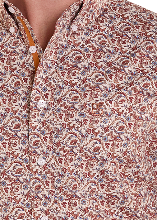 Detail image of a patterned button shirt  on a white background