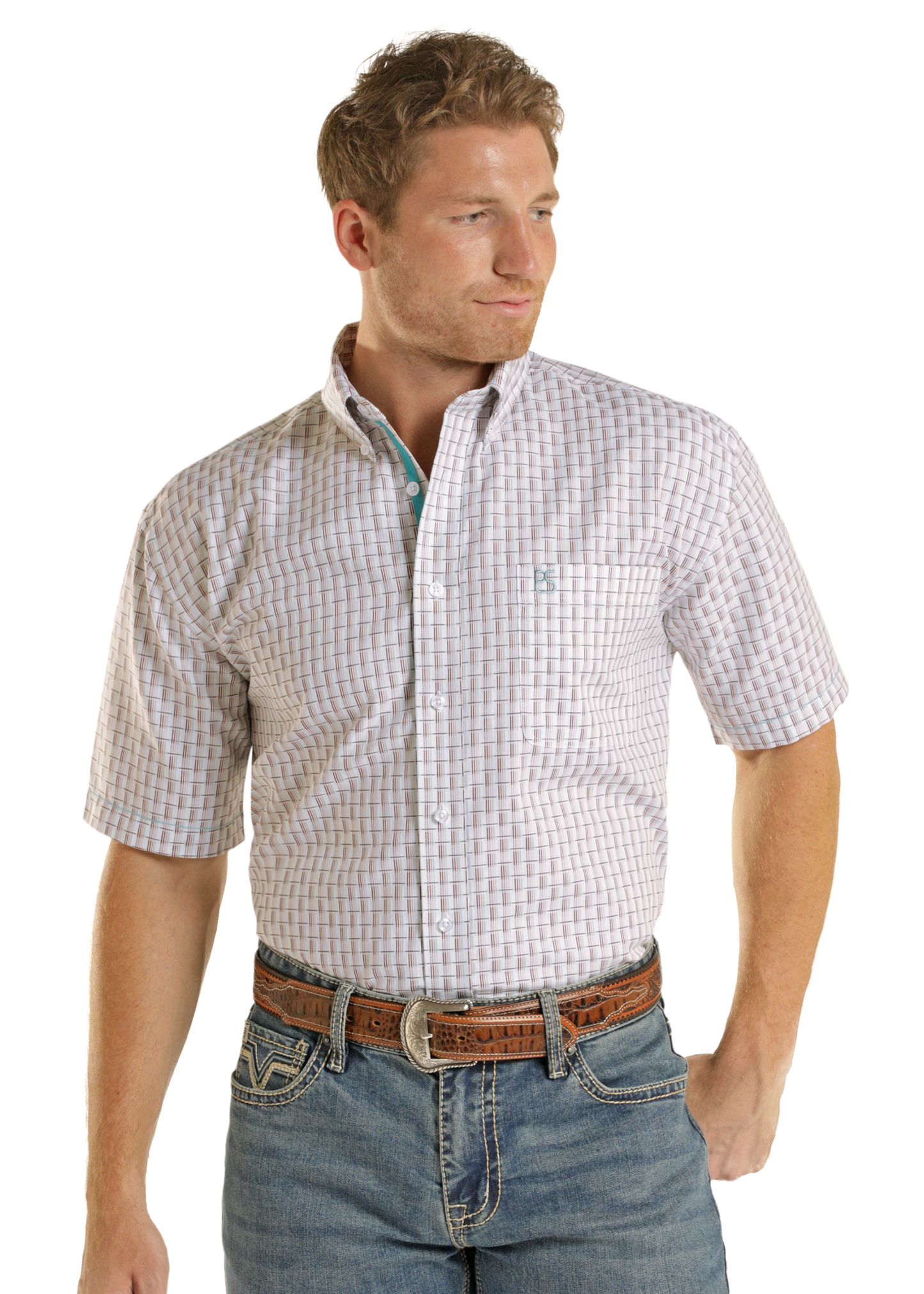 Man wearing a plaid short-sleeve shirt and jeans on a white background