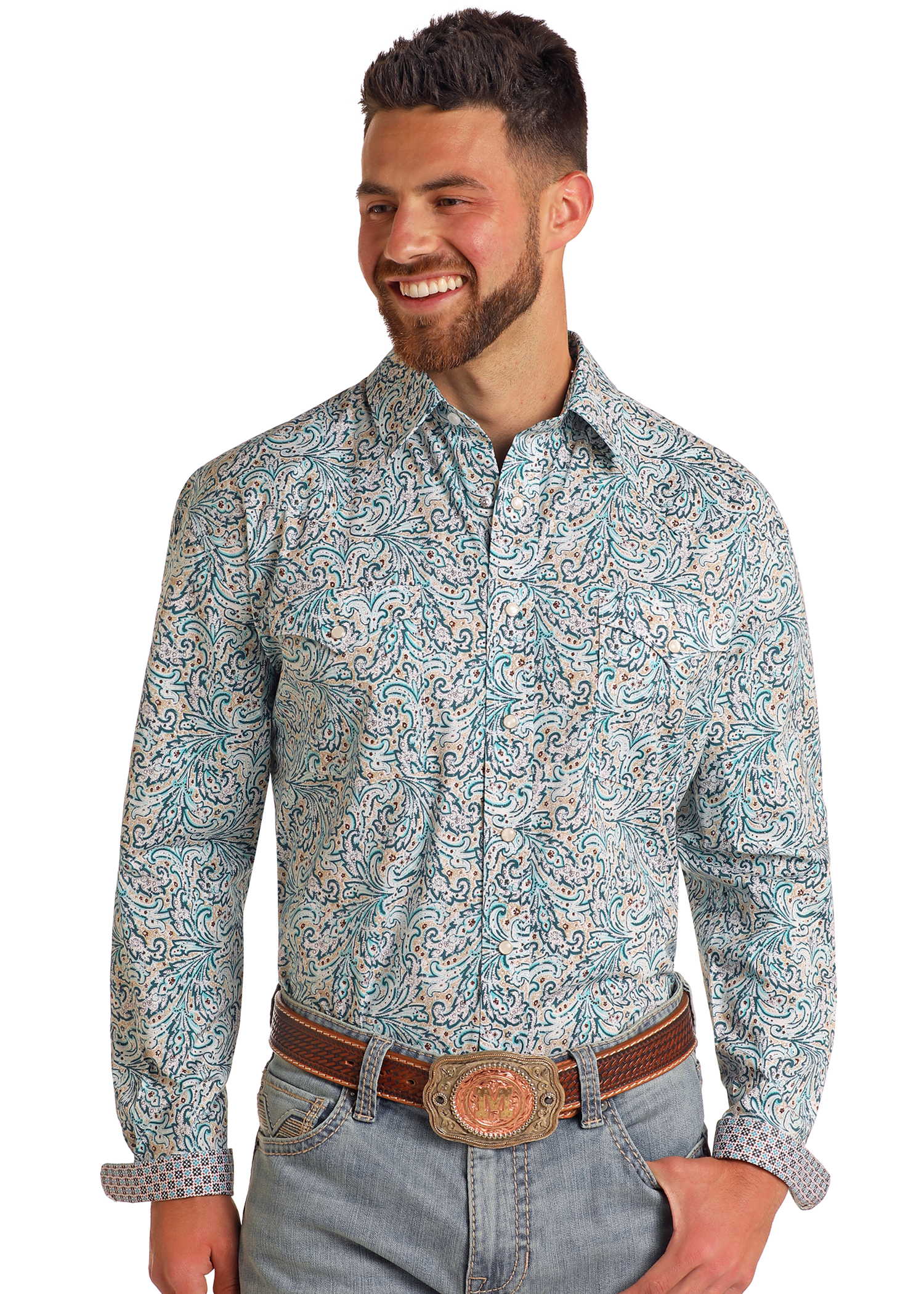 Men's Rough Stock Turquoise Paisley Long Sleeve Snap Shirt Men's Rough Stock Turquoise Paisley Long Sleeve Snap Shirt