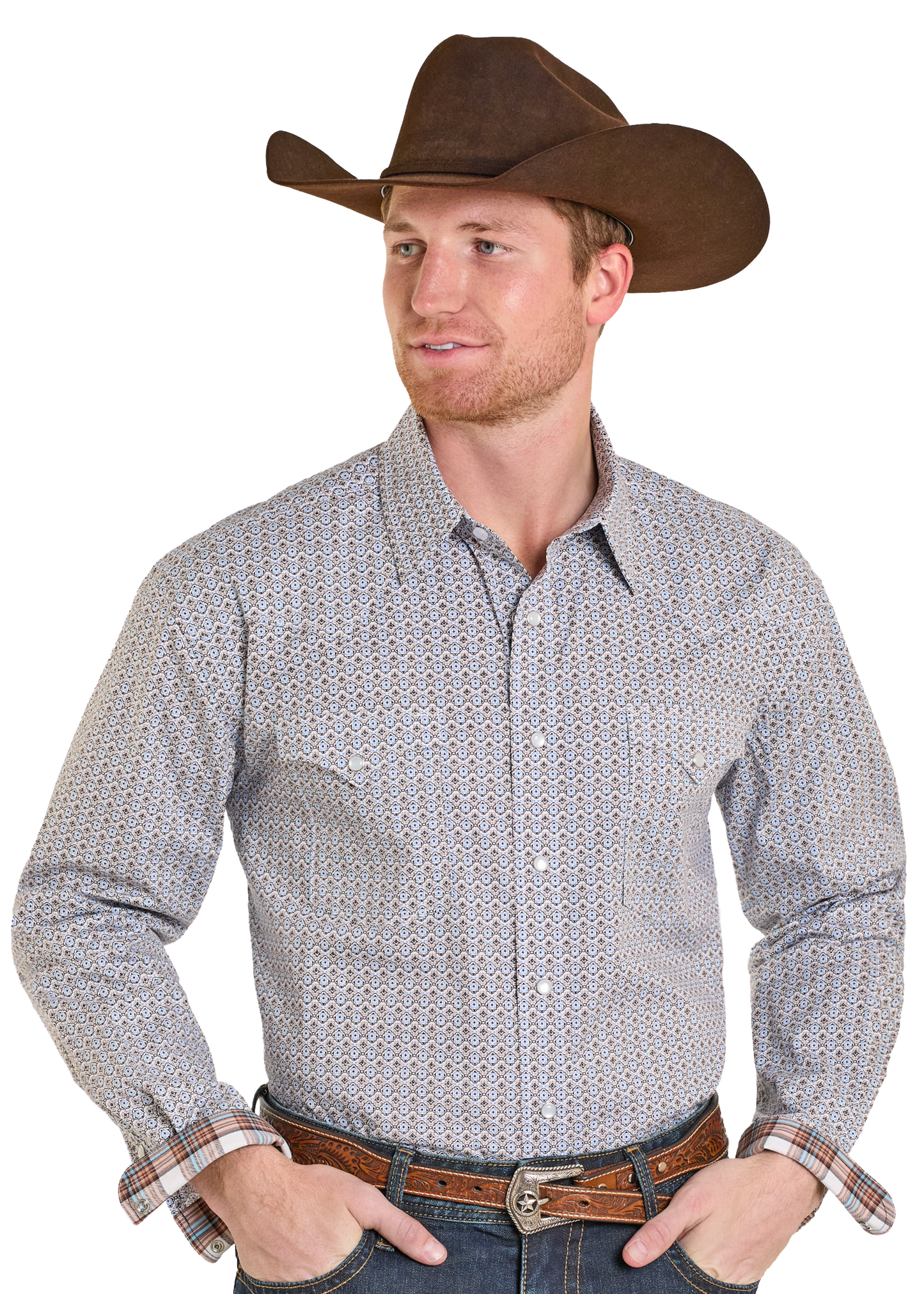 Man wearing a patterned shirt, jeans, and a cowboy hat on a white background