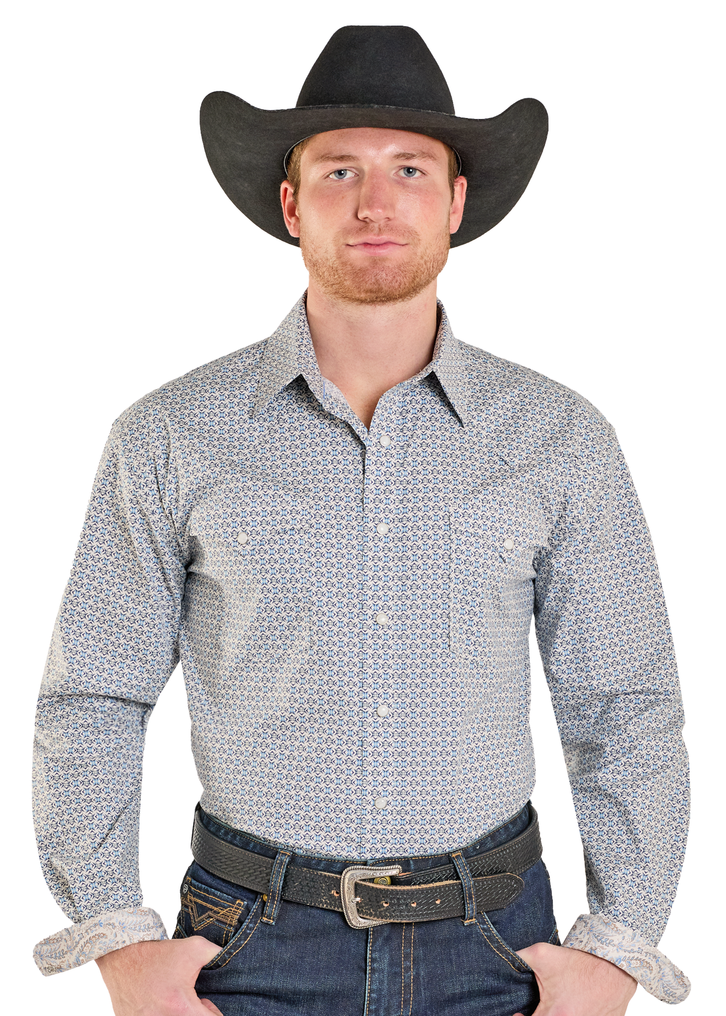 Man wearing a patterned button-up shirt, jeans, and a cowboy hat on a white background