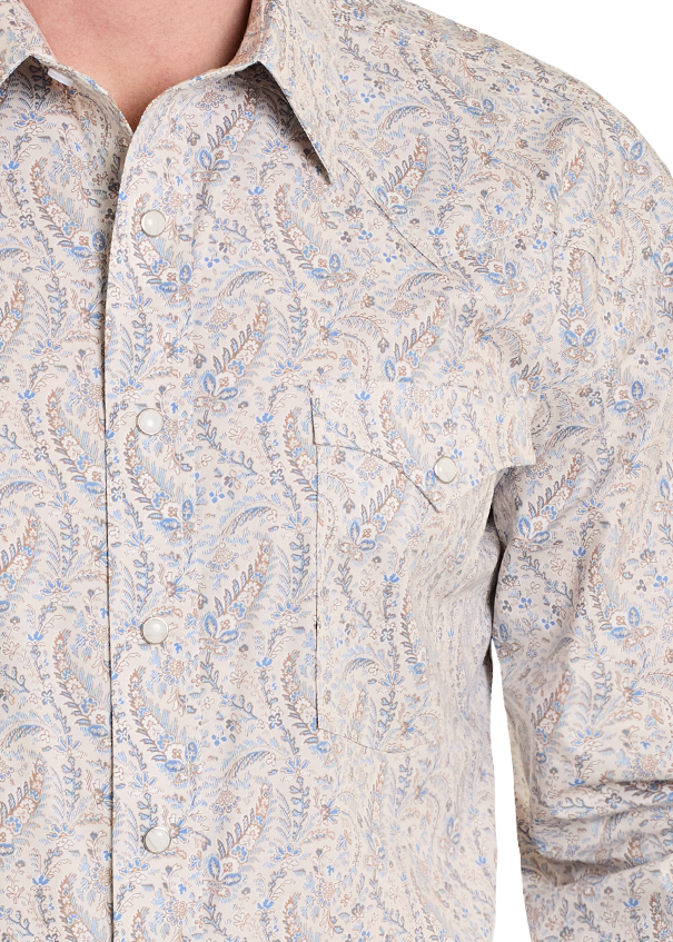 Close-up of a patterned shirt with a collar and buttons.