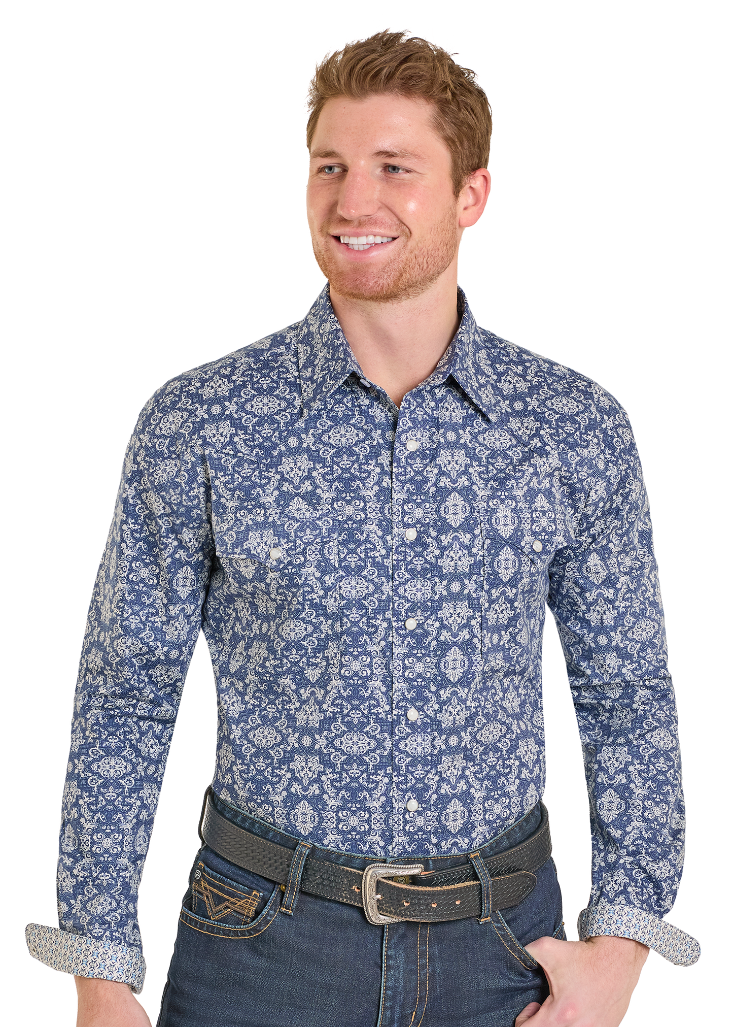 Man wearing a blue patterned shirt on a white background