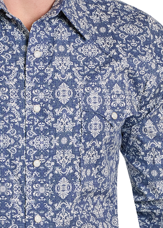 Close-up of a blue patterned shirt with white buttons