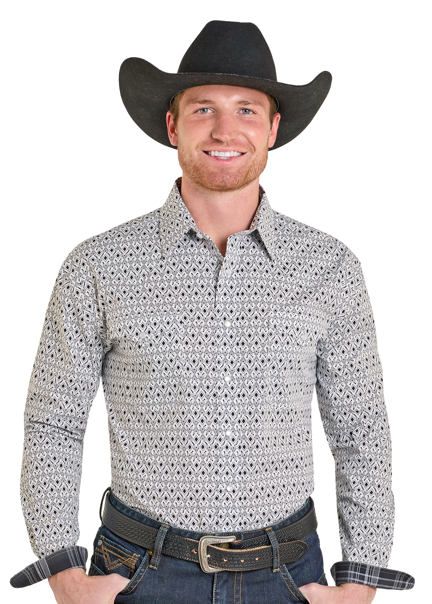 Man wearing a black cowboy hat and patterned shirt on a white background