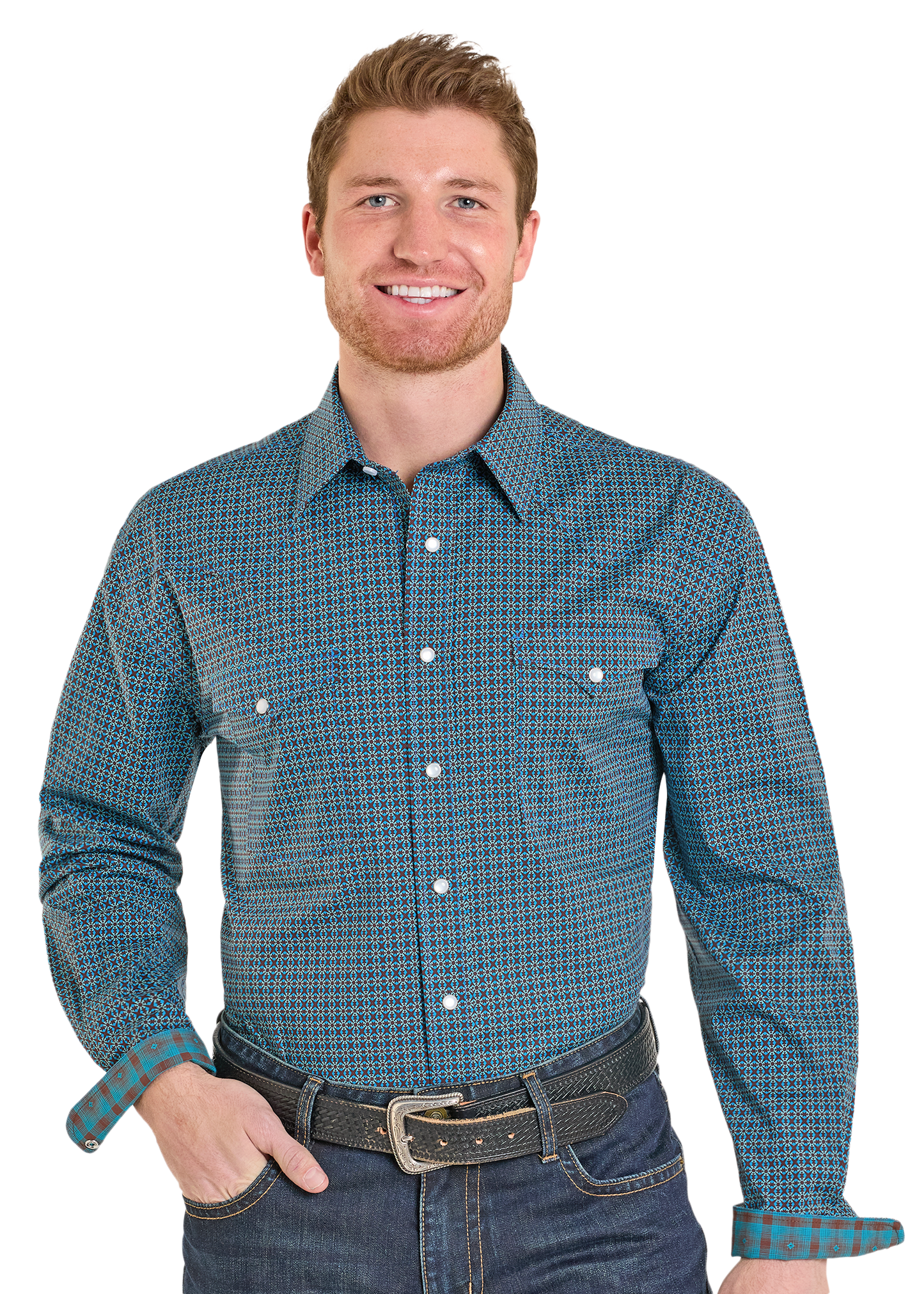 Man wearing a blue checkered shirt with a white background