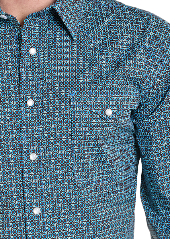 Man wearing a blue checkered shirt with a white background