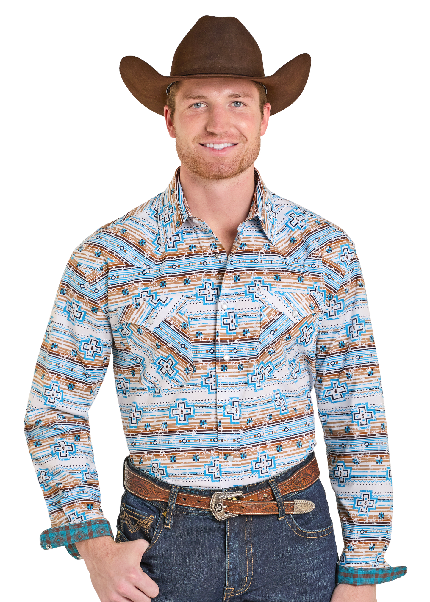 Man wearing a patterned western shirt and cowboy hat on a white background
