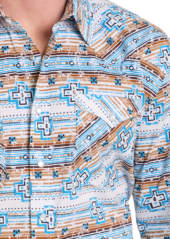 Man wearing a patterned western shirt and cowboy hat on a white background