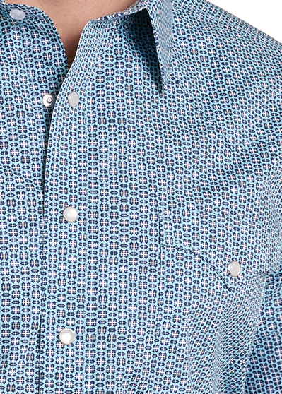Detail shot of a light blue patterned western long-sleeve snap-up shirt.