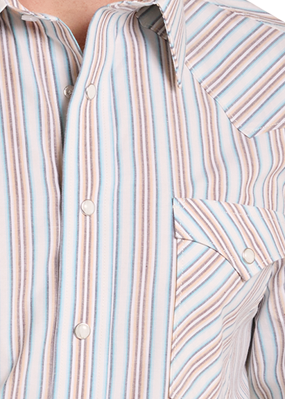 closeup of a long-sleeve western-style button-up shirt with vertical stripes in beige, blue, and orange.