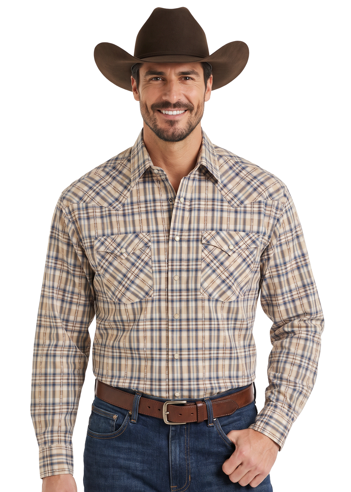 A man wearing a brown cowboy hat, a beige and navy plaid western long-sleeve shirt, and blue jeans with a brown belt.