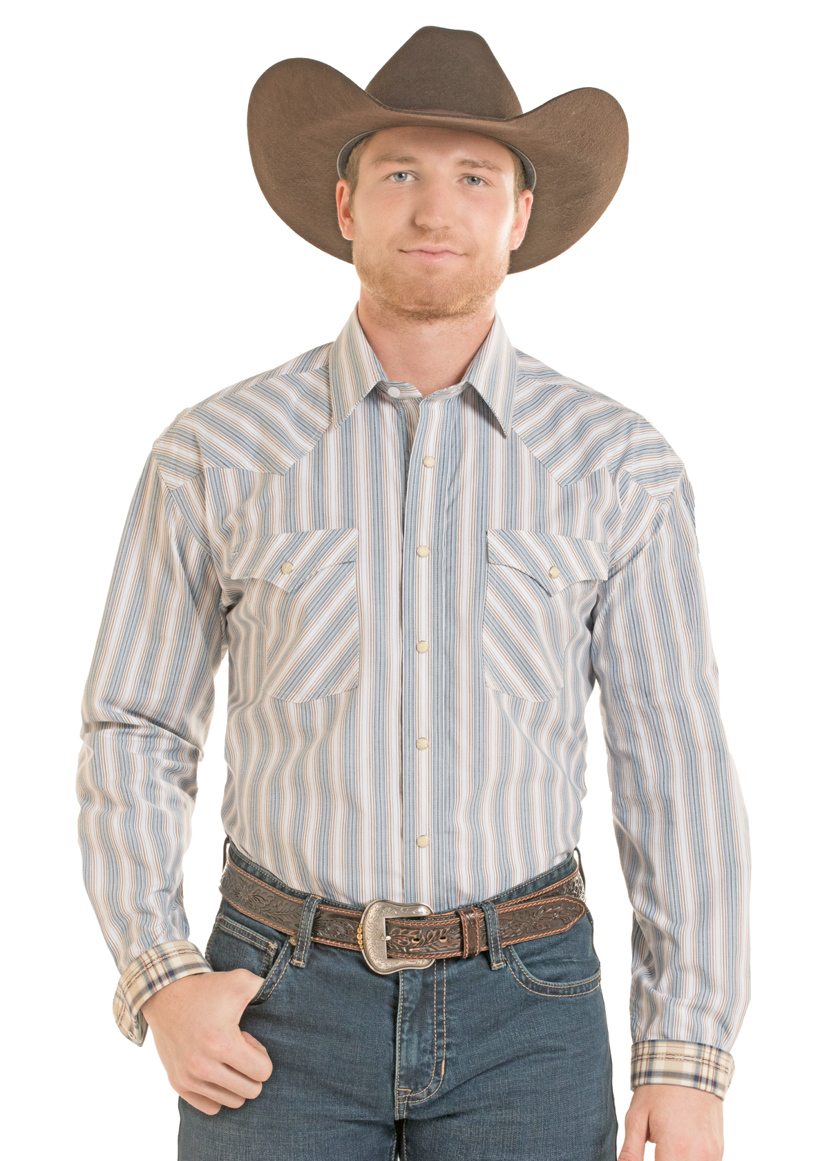 A man wearing a brown cowboy hat, a light blue and white vertically striped western long-sleeve shirt, a brown leather belt, and blue jeans.