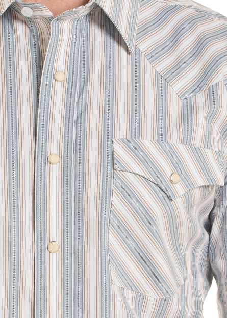 Closeup of blue and white vertically striped western long-sleeve shirt.