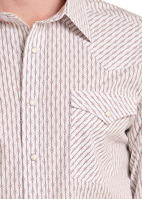 closeup of a beige and brown vertically striped western long-sleeve snap-down shirt.