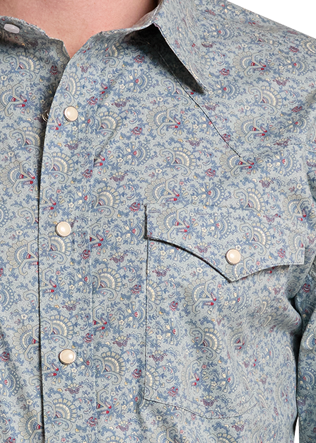 Close up of a light blue and gray patterned western long-sleeve button-down shirt.
