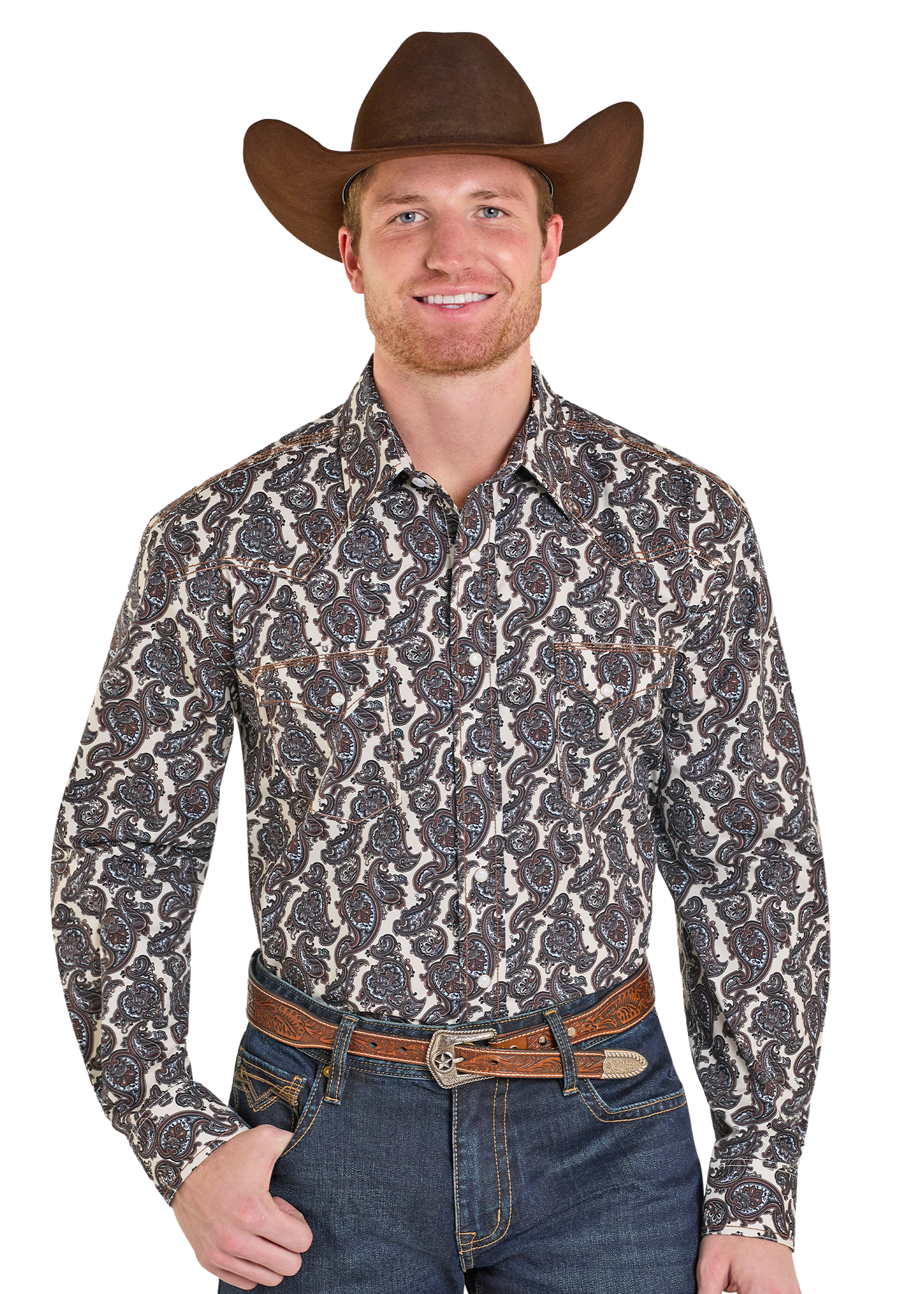 Man wearing a patterned shirt and cowboy hat on a white background