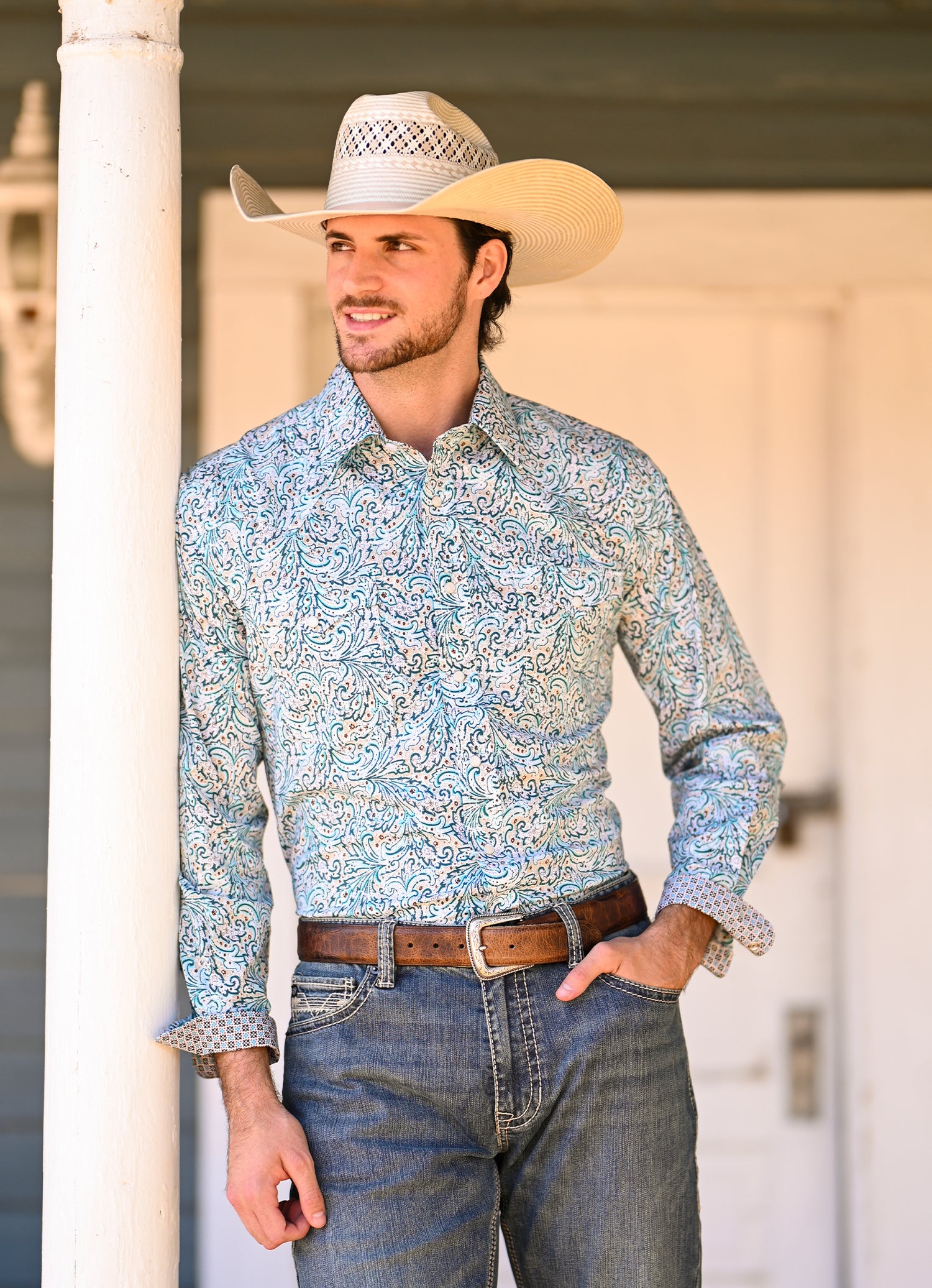 Men's Rough Stock Turquoise Paisley Long Sleeve Snap Shirt XL Men's Rough Stock Turquoise Paisley Long Sleeve Snap Shirt XL