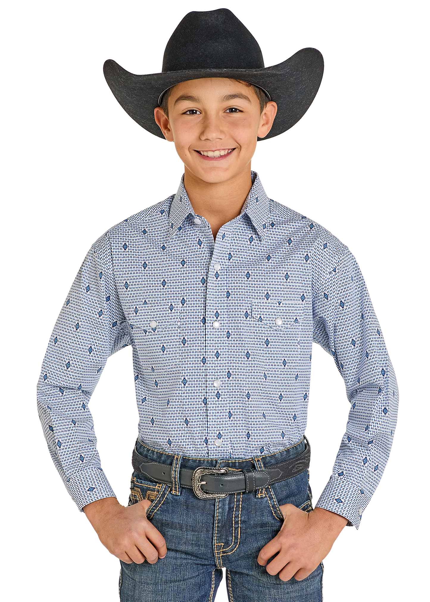 Child wearing a black cowboy hat, blue patterned shirt, and jeans on a white background