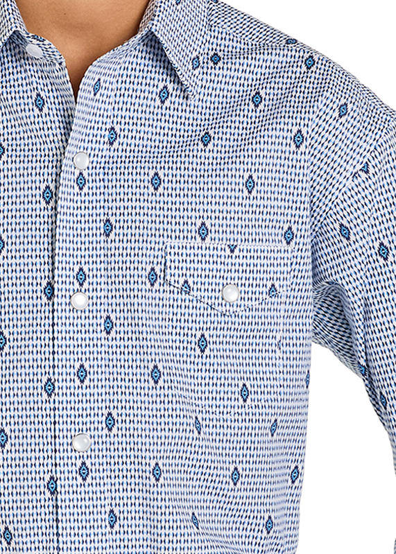 Child wearing a blue patterned shirt, black cowboy hat, and jeans on a white background