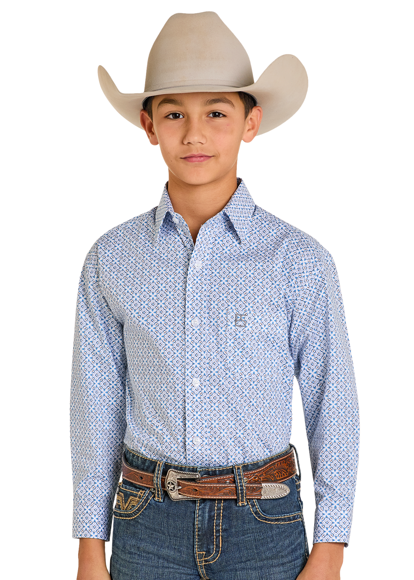 Young boy wearing a blue patterned shirt, jeans, and a beige cowboy hat on a white background