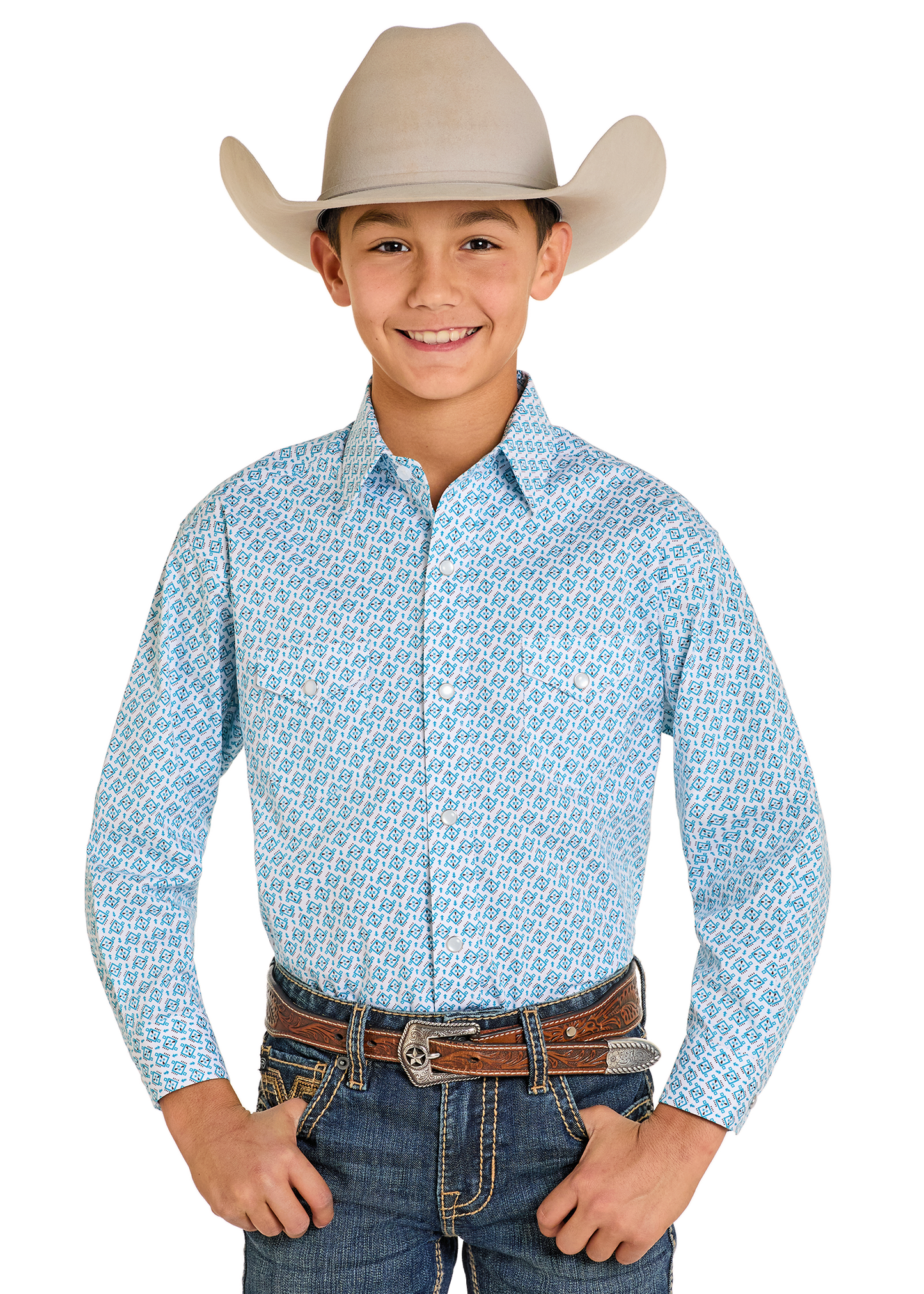 Child wearing a light blue patterned shirt, dark jeans, and a beige cowboy hat on a white background