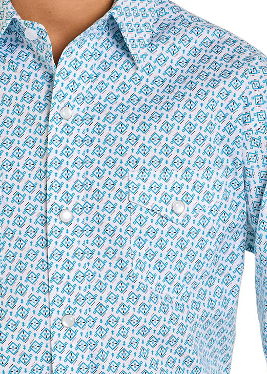 Child wearing a light blue patterned shirt, dark jeans, and a beige cowboy hat on a white background