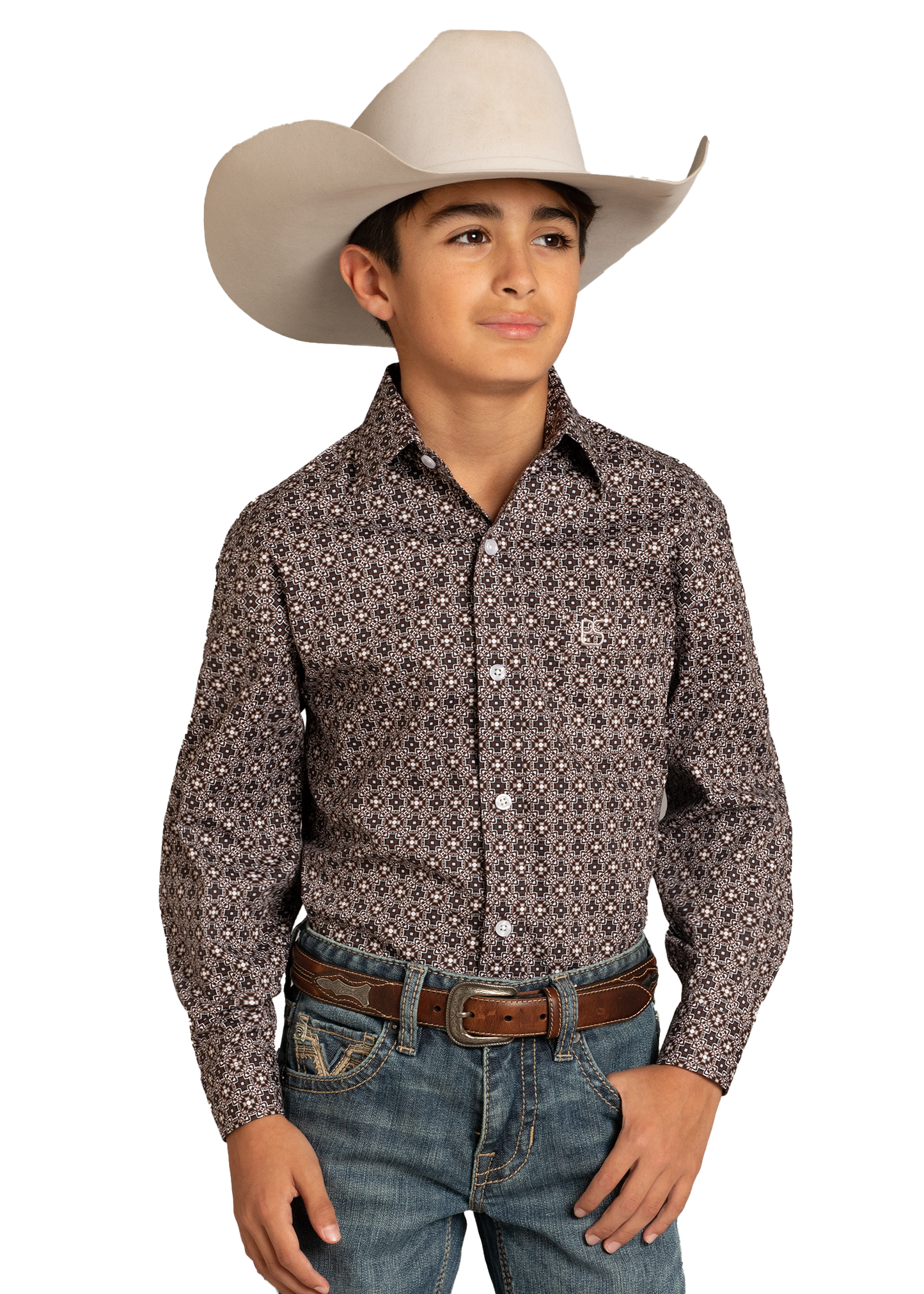 Child wearing a patterned shirt, jeans, and a cowboy hat on a white background