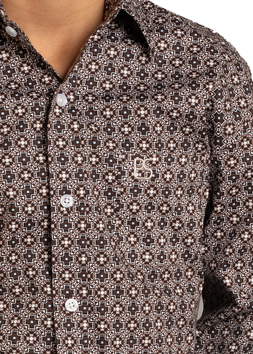 Child wearing a patterned shirt, jeans, and a cowboy hat on a white background