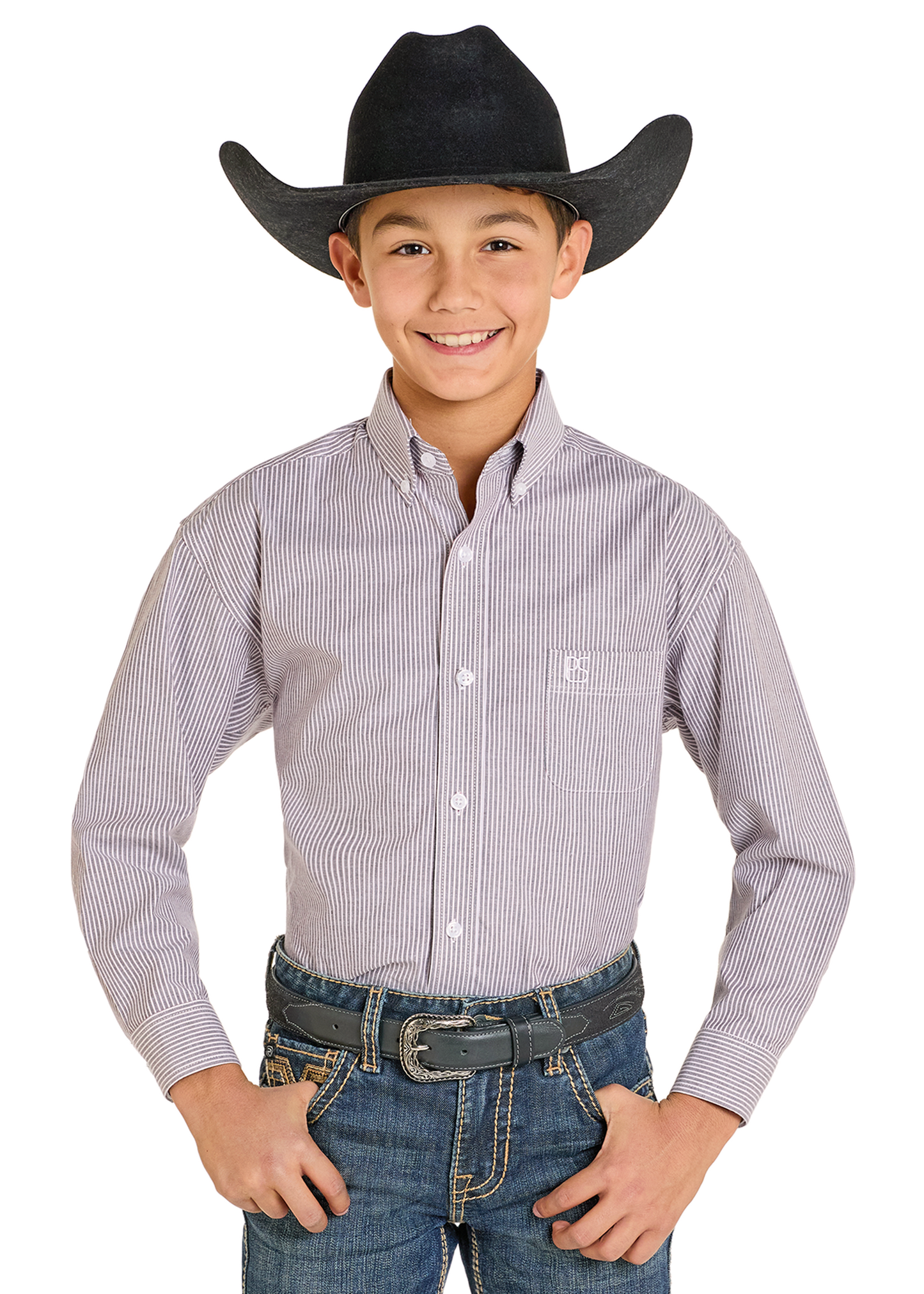Child wearing a black cowboy hat, gray checkered shirt, and blue jeans on a white background