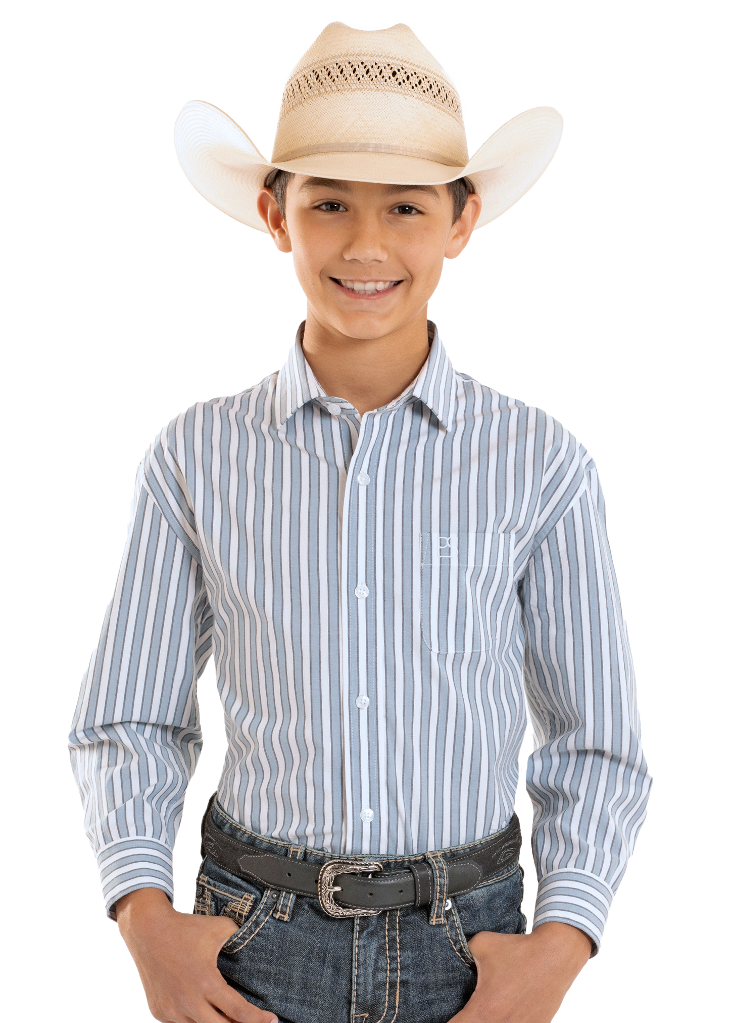 Boy wearing a blue and white button down Western shirt and a cowboy hat.