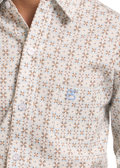 close up of a long-sleeve western button-up shirt with a small geometric pattern.