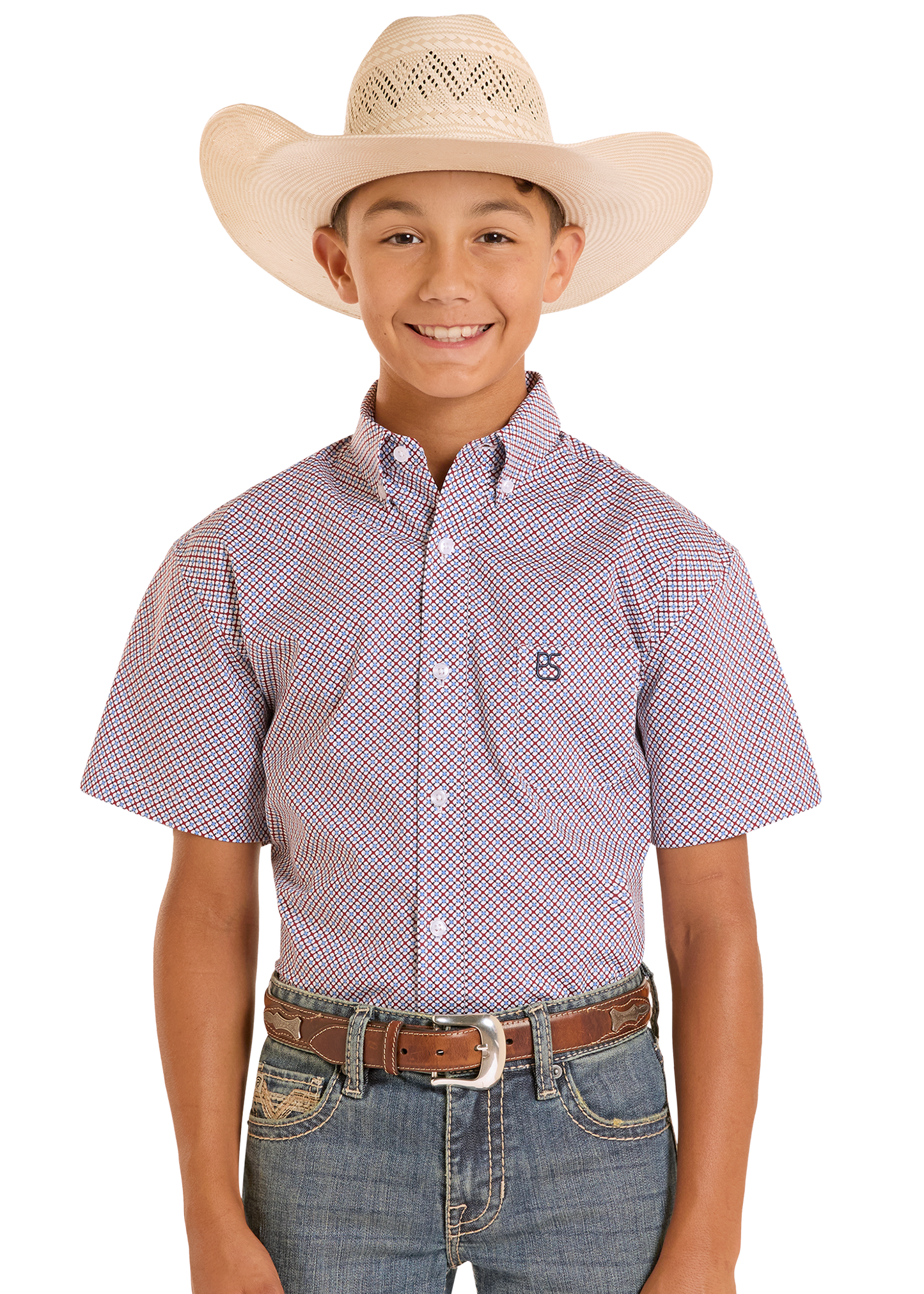 Child wearing a checkered shirt, jeans, and a cowboy hat on a white background