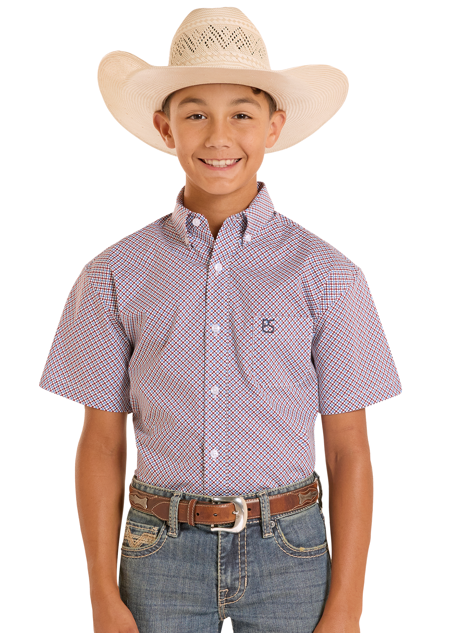 Child wearing a checkered shirt, jeans, and a cowboy hat on a white background